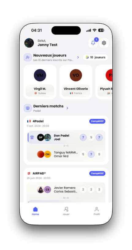 Communauté PlayPad : nouveaux joueurs et résultats des derniers matchs