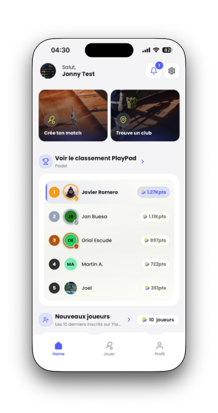 Accueil PlayPad : créer un match, trouver un club et consulter le classement