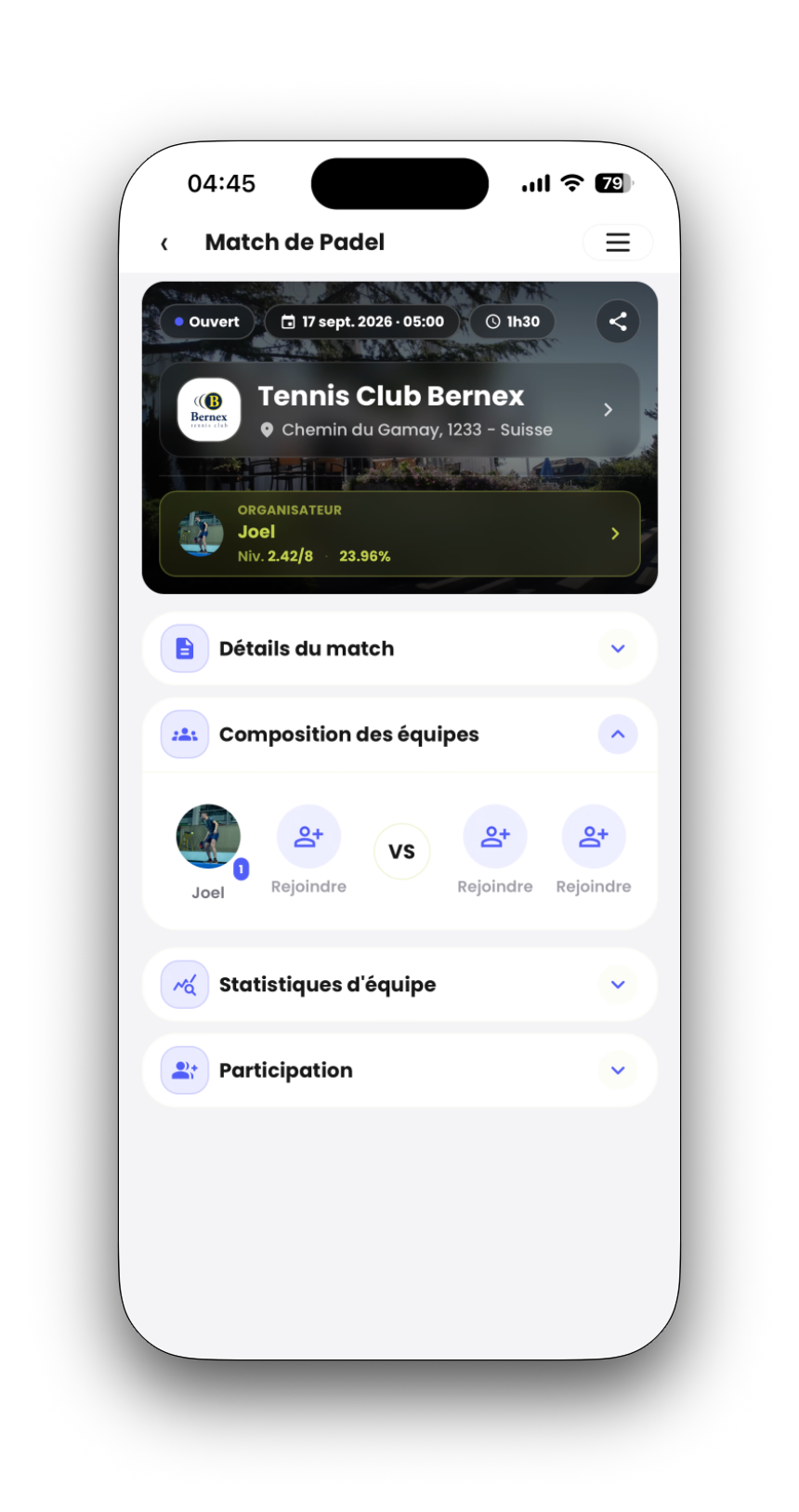 Détails du match : club, horaire, organisateur et places dans les équipes