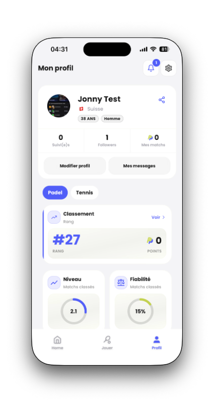 Profil PlayPad : classement, niveau et fiabilité du joueur